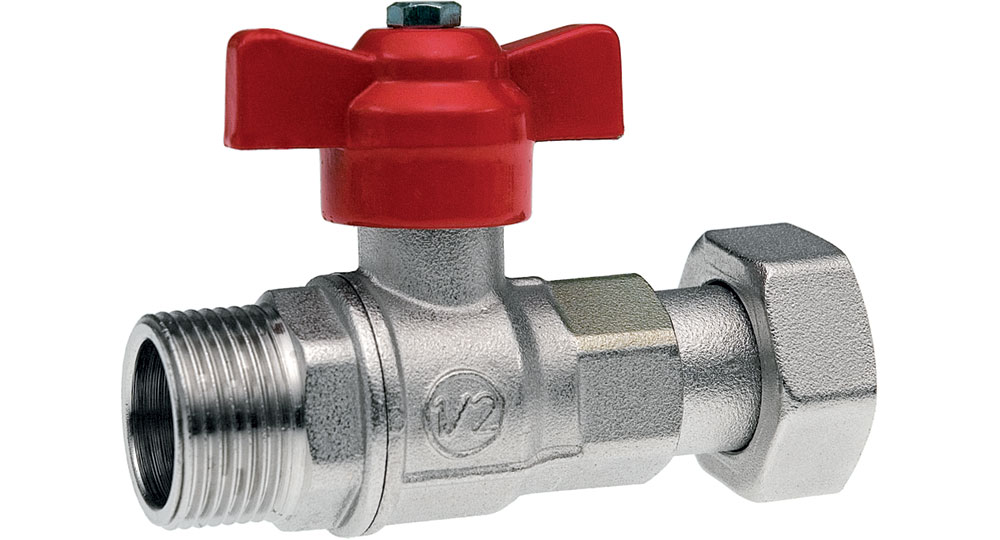 Ball valve for counter meters M.F./swivel union nut with red butterfly handle.