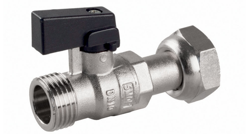 Ball valve M.F./swivel union nutwith black plastic handle.