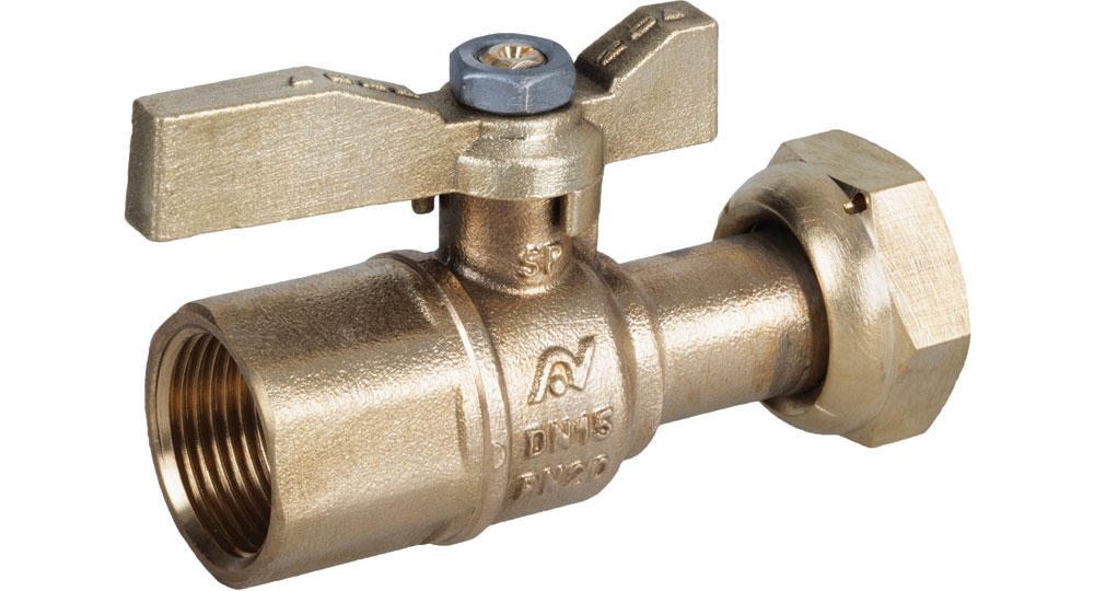 Ball valve for counter meters F.F./swivel union nut  with brass handle. Ecological brass CW510L