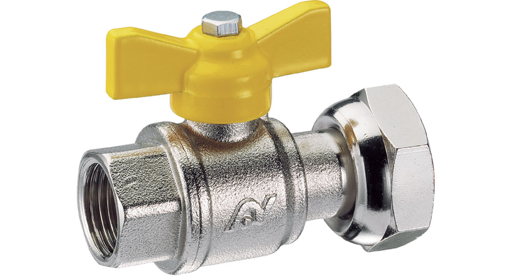 Ball valve for gas meter F.F./swivel union nut with butterfly handle.