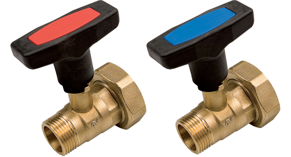 Ball valve M.F./swivel union nut with red or blue indicator.