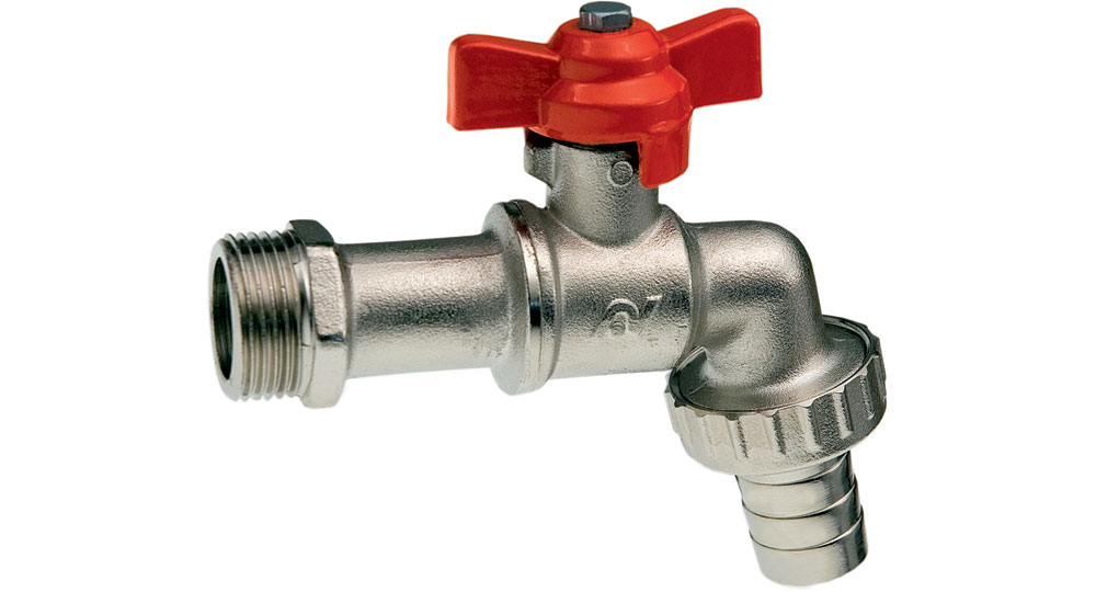 Bibcock ball valve with hose union - red butterfly handle. HEAVY DESIGN.