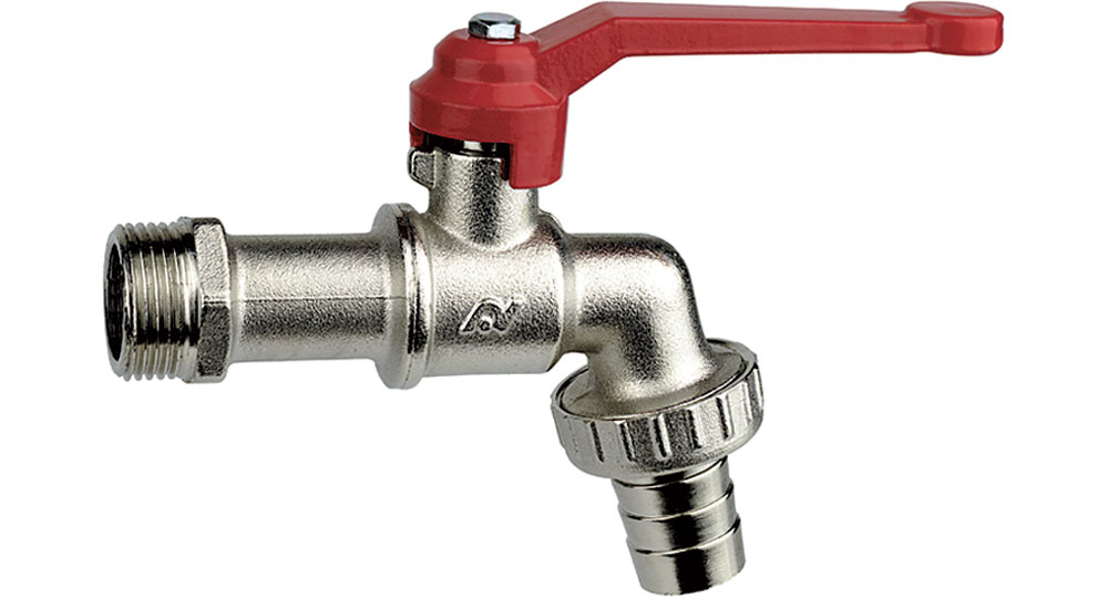 Bibcock ball valve with hose union -red aluminium lever handle. HEAVY DESIGN.