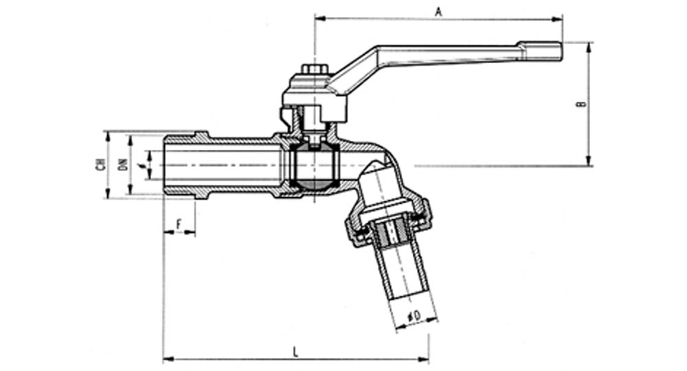 Bibcock ball valve with hose union -red aluminium lever handle.