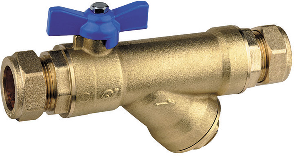 DZR brass EN12165 CW602 combined ball valve compression ends with built-in strainer. WITH DRAIN PLUG.