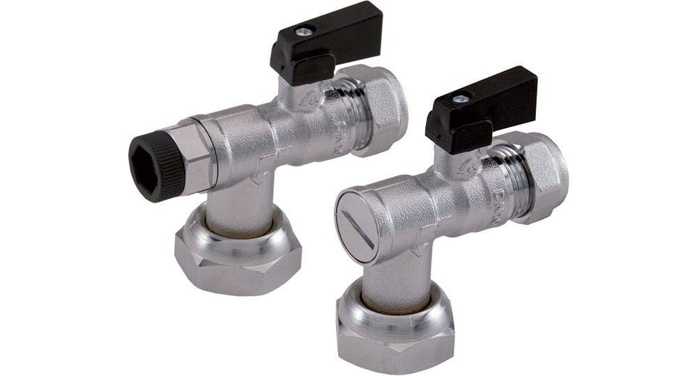 Angled ball valve with built-in strainer, check valve and inspection plug. CHROME PLATED finishing.
