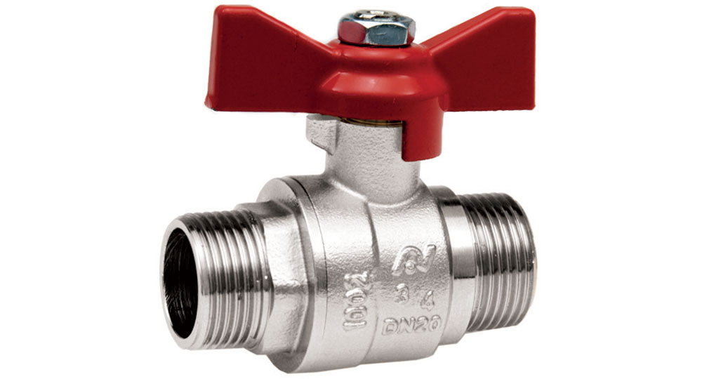 Ball valve full bore M.M. with red butterfly handle.