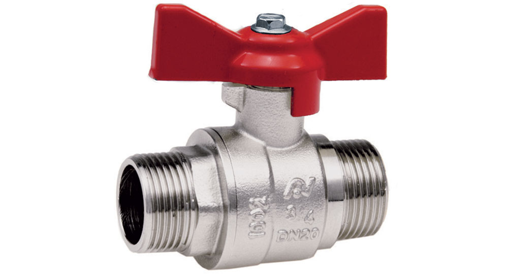 Ball valve full bore M.M. with red butterfly handle.