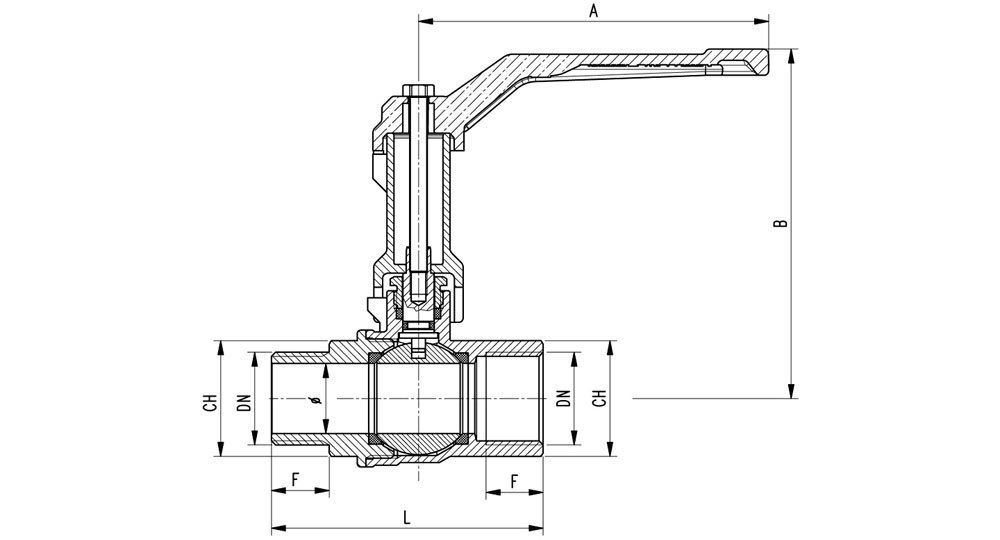 Industrial ball valve full bore M.F.with extension - red aluminium lever handle. EN10226 THREAD