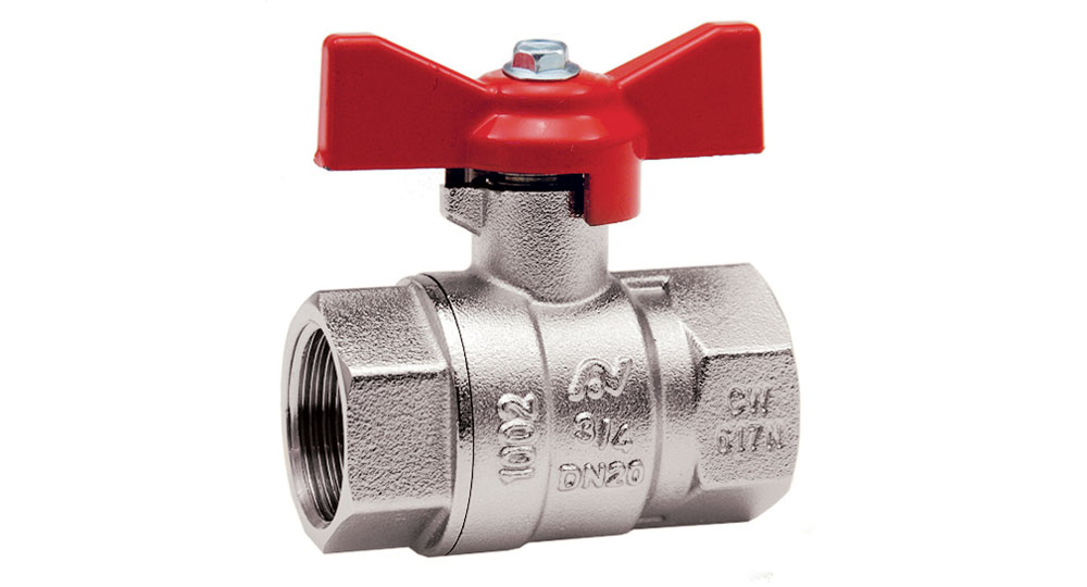 Universal ball valve full bore F.F. with red butterfly handle.