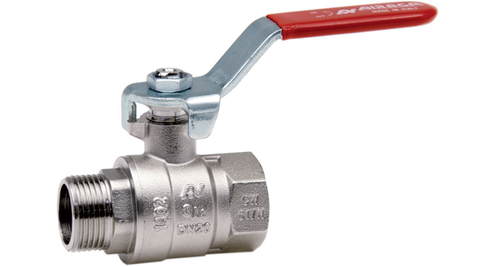 Universal ball valve full bore M.F. with red handle (screwed iron).