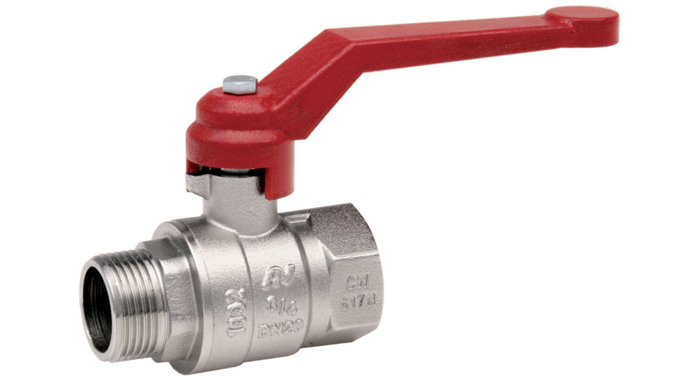 Universal ball valve full bore M.F. with red aluminium lever handle.