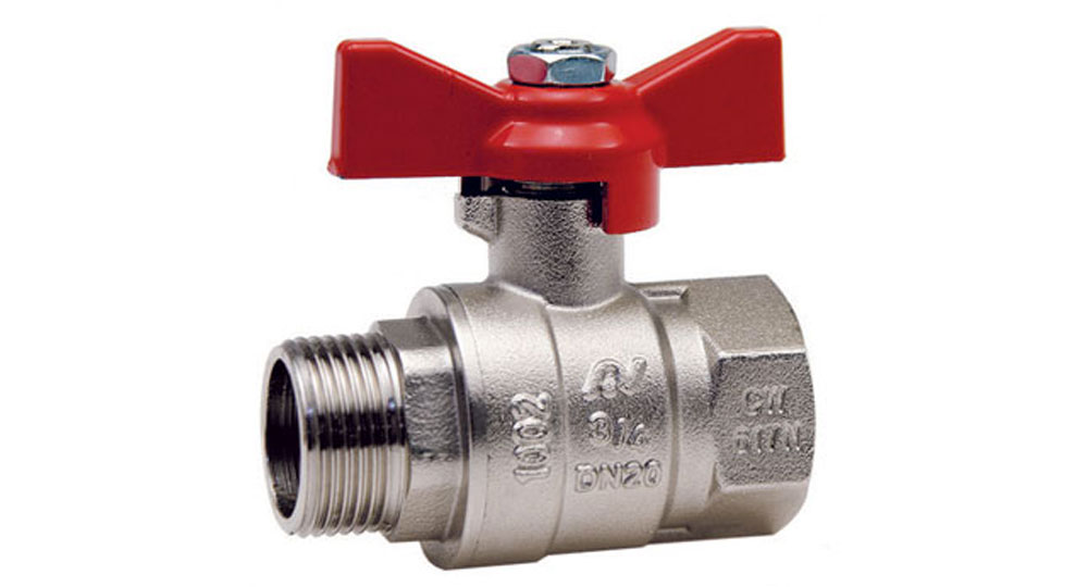 Universal ball valve full bore M.F. with red butterfly handle.