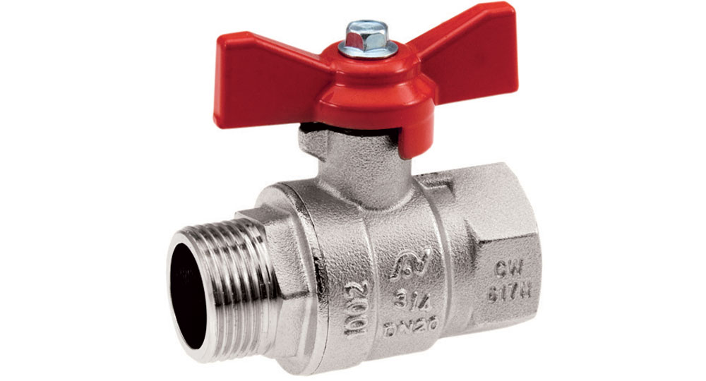 Universal ball valve full bore M.F. with red butterfly handle.
