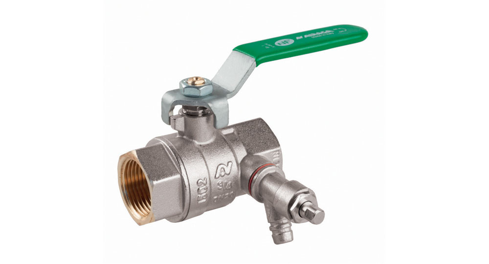 Ecological ball valve full bore F.F. with plug and drain cock, green handle (screwed iron).