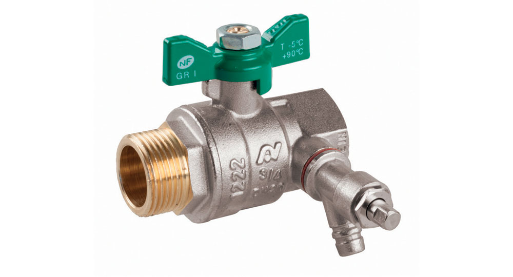 Ecological ball valve full bore m.F. with plug and drain cock, green butterfly handle.