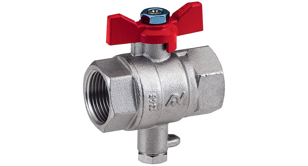 Industrial ball valve full bore F.F. with probe pocket boss - red butterfly handle.