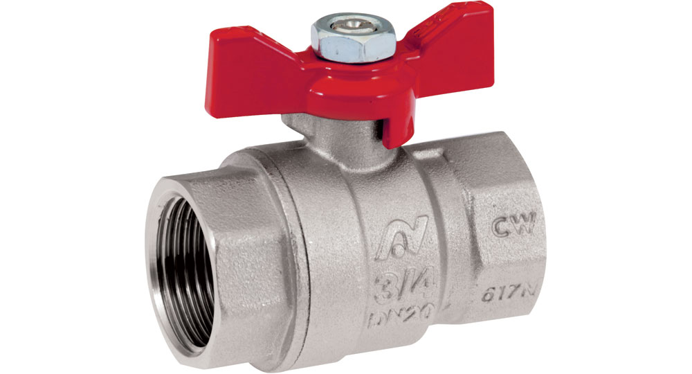 Ball valve standard bore F.F. with red butterfly handle.