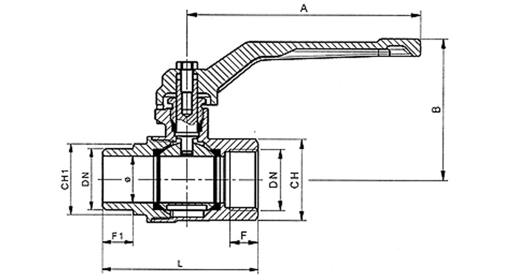 Ball valve standard bore M.F. with red aluminium lever handle.