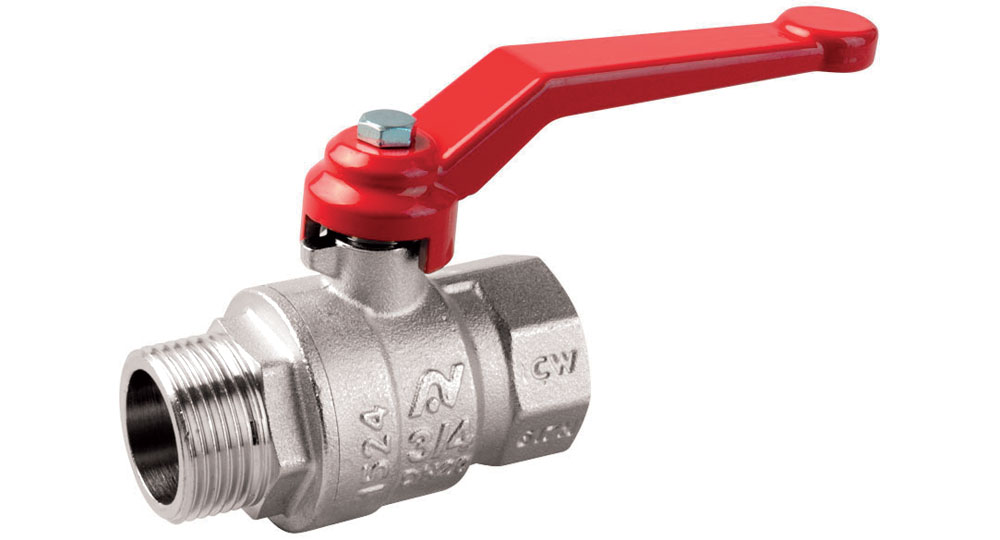 Ball valve standard bore M.F. with red aluminium lever handle.