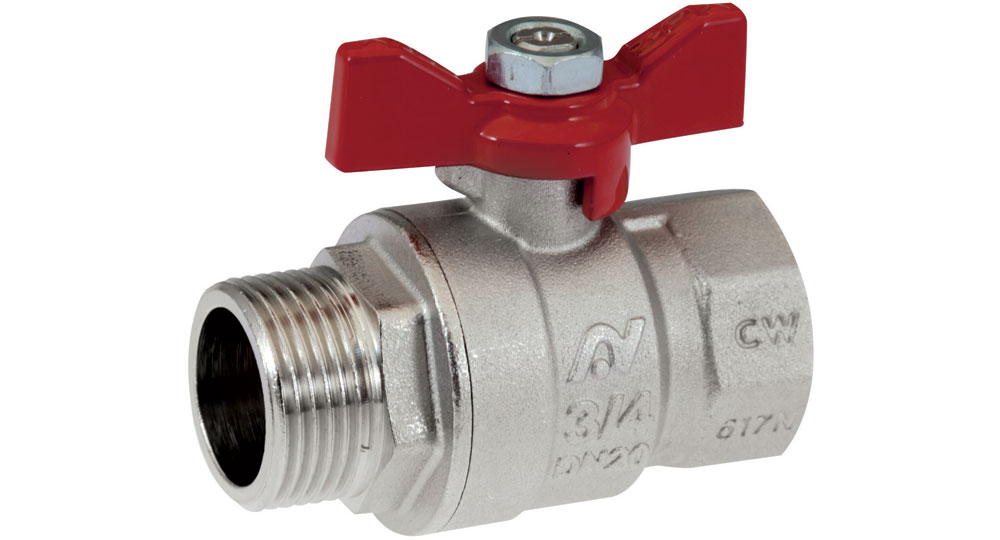Ball valve standard bore M.F. with red butterfly handle.