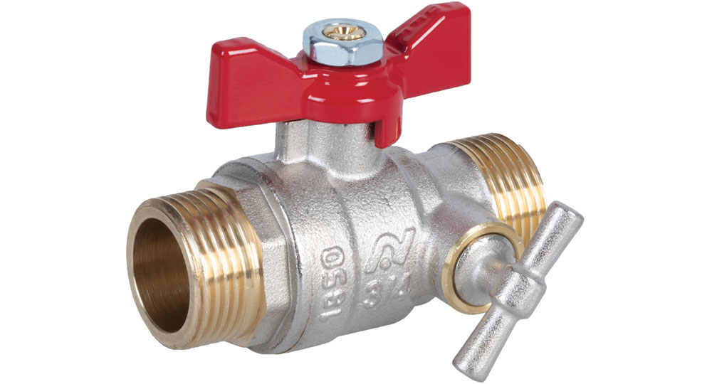 Ball valve standard bore M.M. with integrated drain function - red butterfly handle.