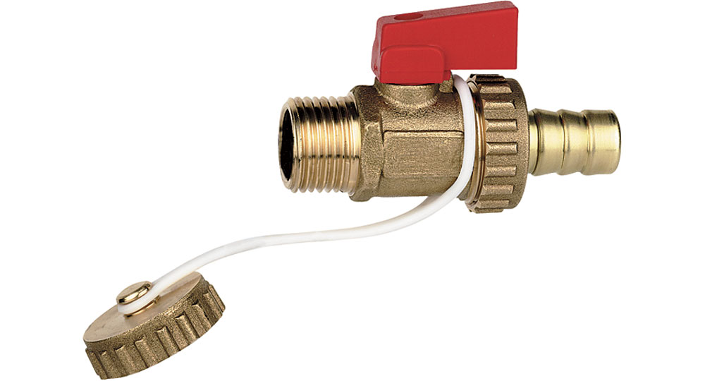 Drain valve for boiler with red plastic lever.